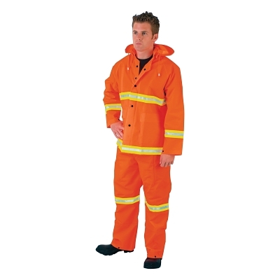 Rain & Chemical Wear; Garment Style: Suit with Bib Overalls ; Size: X-Large ; Gender: Unisex ; Color: Orange ; Material: PVC; Polyester ; Sleeve Length: 33